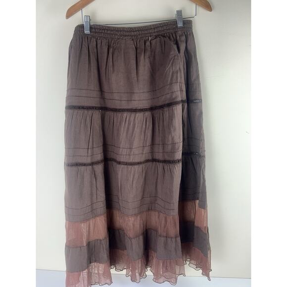 Y2K Cariloha Brown Midi Maxi Skirt Ruffle Tiered Boho Fairy Forest Large Sheer - Picture 2 of 13